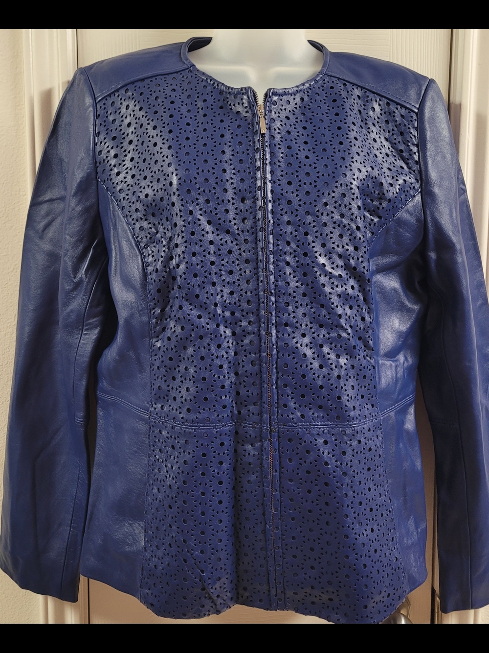 Women's Isaac Mizrahi Live Royal Blue Laser-Cut Leather Jacket